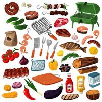 A set of barbecue products. Meat, vegetables, fruits, fish, mushrooms, coals, barbecue, mesh, sauces, shrimp and others. Isolated elements, posters, banners with a place to copy. On a white vector