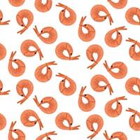 pattern of fresh pink boiled shrimp, all on a white background, is suitable for decorating seafood restaurant menus. seamless texture with finished barbecue products vector
