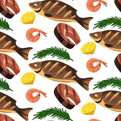 A pattern of whole fish, fillets and boiled shrimp on white. Lemon and rosemary. It is suitable for decorating the menus of seafood restaurants. seamless texture with finished barbecue products