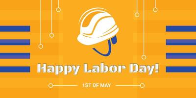 Labor Day banner with text and working helmet, invitation with 1sr of May, International Workers Day with stars and stripes decoration. vector