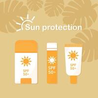 Sun Protection cosmetics set with SPF UV filter. graphics vector