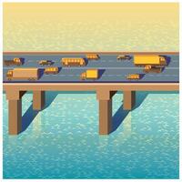 Seamless horizontal stylized illustration of a bridge with cars on a sunny day vector