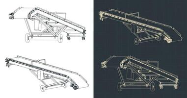 Mobile belt conveyor isometric blueprints vector