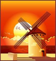 Windmill at sunset vector