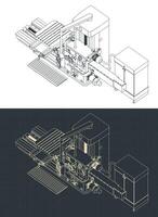 Milling CNC machine isometric blueprints vector