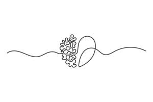 One continuous line drawing of half of a human brain and love in the shape of a heart logo icon. Philosophical of love and reason. graphics post. vector