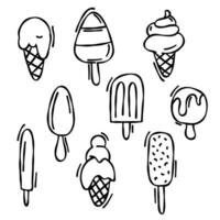 Hand drawn doodle set of different types of ice cream waffle cone, popsicle, ice cream. vector