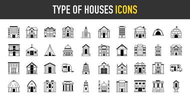 tipo de casas íconos colocar. tal como grande ciudad edificios urbano arquitectura, estado instituciones, religioso y cultural monumentos educativo centros y residencial y más icono. vector