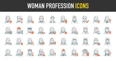 Women professions icons set. Such as occupations, workers, lawyer, chef, doctor, developer, scientist, farmer, entrepreneur, influencer, designer and more icon. Isolated illustrations icon. vector