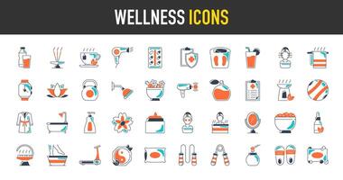 Wellness icon set. Such as massage, yoga, spa, relaxation, health, exercise, diet, wellbeing, meditation, aromatherapy and more icons illustration collection. vector