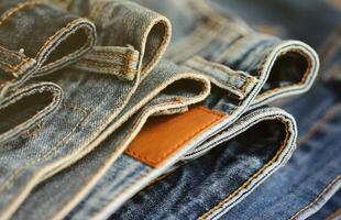 Many jeans in stack in wardrobe room. Row of pants denim jeans in closet. Concept of buy, sell, shopping and fashionable clothes photo