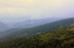 Morning view from the Dragobrat mountain peaks in Carpathian mountains, Ukraine. Cloudy and foggy landscape around Drahobrat Peaks photo