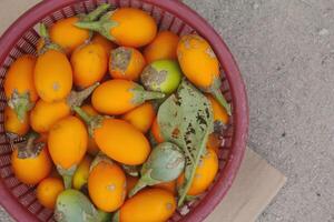 Fresh yellow eggplant stored in a red bowl photo