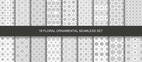 Oriental patterns seamless vintage 18 set in gray. vector