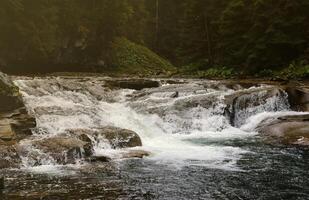 A bright blue river flowing through forest as the sun begins to set in a hidden park along the scenic drive in Hoverla mountains area photo