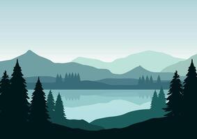 lake and mountains panorama. Illustration in flat style. vector