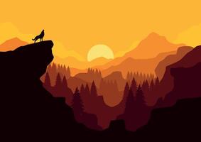 lobo en montañas y bosque. ilustración en plano estilo. vector