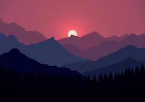 Mountains and pine forest landscape panorama. Illustration in flat style. vector