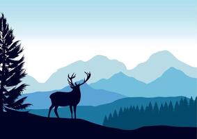 ciervo en montañas y bosque. ilustración en plano estilo. vector