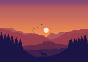 Deer in mountains and forest. Illustration in flat style. vector