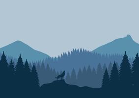 lobo en montañas y bosque. ilustración en plano estilo. vector