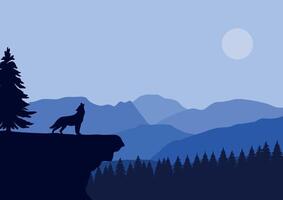 lobo en montañas y bosque. ilustración en plano estilo. vector