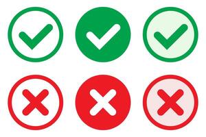 Right or wrong icons. Green tick and red cross checkmarks in circle flat icons. Yes or no symbol, approved or rejected icon for user interface. vector