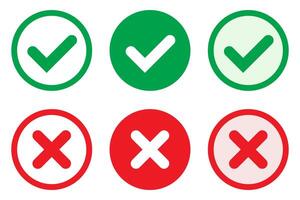 Right or wrong icons. Green tick and red cross checkmarks in circle flat icons. Yes or no symbol, approved or rejected icon for user interface. vector