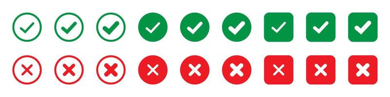 Right or wrong icons. Green tick and red cross checkmarks in circle flat icons. Yes or no symbol, approved or rejected icon for user interface. vector