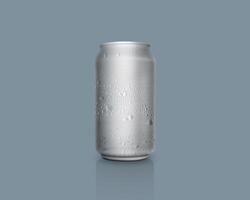 Can of fresh soda with water drops on color background photo