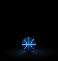 A black basketball ball has bright blue glowing neon lines on a black background. photo