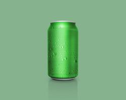 Can of fresh soda with water drops on color background photo