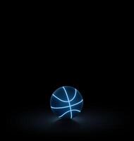 A black basketball ball has bright blue glowing neon lines on a black background. photo