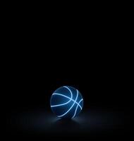 A black basketball ball has bright blue glowing neon lines on a black background. photo