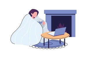 woman streaming and warming herself in front of the fireplace with a cup of coffee flat style illustration design vector