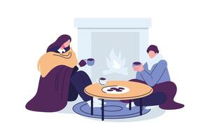 man and woman warming herself in front of the fireplace with a cup of coffee flat style illustration design vector