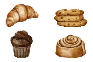 Set of baked products Croissant, Spiraled Cinnamon Roll, cookies, muffin. Watercolor isolated hand drawn illustrations. Clipart of Sweet pastries for label, packaging, card,for bakehouse, bakeshop vector