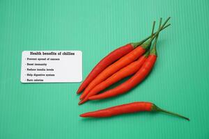 Red chillies with tag of text Health benefits of chillies. Green background. Concept, Chillies with good qualification for health. Photo for education. Teaching aid. Healthy food lesson.