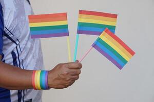 cerca arriba mano sostiene arco iris colores banderas concepto, lgbtq celebracion en orgullo mes, junio. símbolo de lgbt comunidad alrededor el soporte.mundial humano Derecha de género diversidad. foto