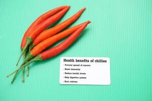 Red chillies with tag of text Health benefits of chillies. Green background. Concept, Chillies with good qualification for health. Photo for education. Teaching aid. Healthy food lesson.