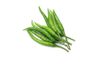 Green chillies isolated on white background. Concept, food ingredient for cooking. Spicy taste. Agriculture crops, organic vegetable has health benefits qualification. photo