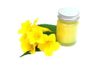 Bottle of homemade Thai herbal ointment, balm.Decorated with yellow flower.Concept, Thai local wisdom to use fragrant medicinal herbs to make inhaler and massage balm. photo