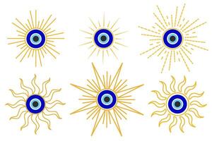 Evil eye blue Turkish symbol set. Magic nazar bead. Greece and Turkish amulet esoteric design for luck vector