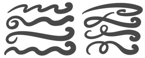 Swoosh lines. Hand drawn swash and swish strokes with swirl tail. Calligraphy squiggle waves. Doodle decorative marker flourish. vector