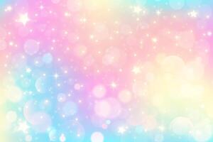Rainbow gradient sky background. Unicorn space with glitter and stars. Holographic pastel magic texture with bokeh. Wallpaper vector