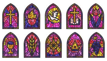 Church glass windows. Stained mosaic catholic frames with cross, book and religious symbols. Set isolated on white background vector