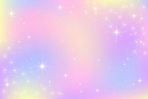 Color gradient background. Light rainbow pastel sky. Abstract iridescent texture with sparkles and stars. Soft pink and purple unicorn dreamy wallpaper with spectrum gradation. vector