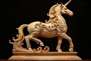 Magical Horn and Graceful Form The Wooden Unicorn's Enchanting Beauty. AI Image photo