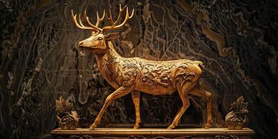 ciervo de madera estatua exhibiendo detallado artesanía y un orgulloso postura ai imagen foto