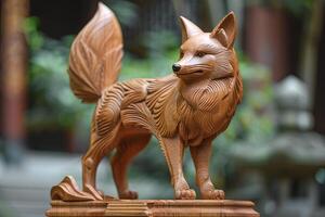 Majestic wooden sculpture of a lifelike fox with detailed carving and intricate features AI Image photo